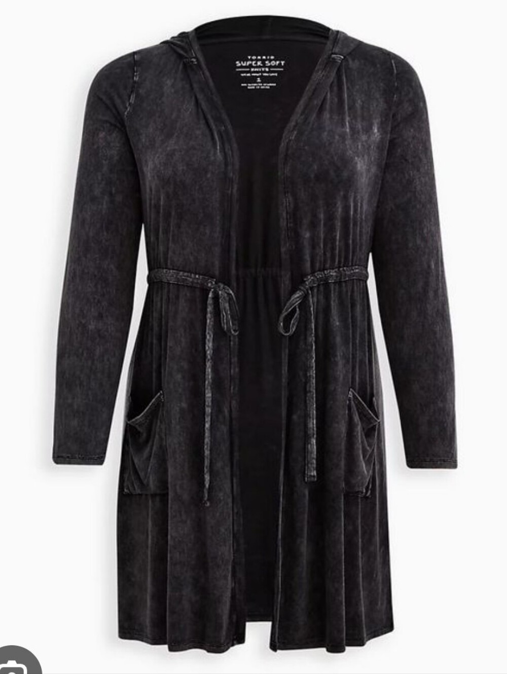 Torrid Acid Washed Black Hooded Open Cardigan with Tie Waist 2x